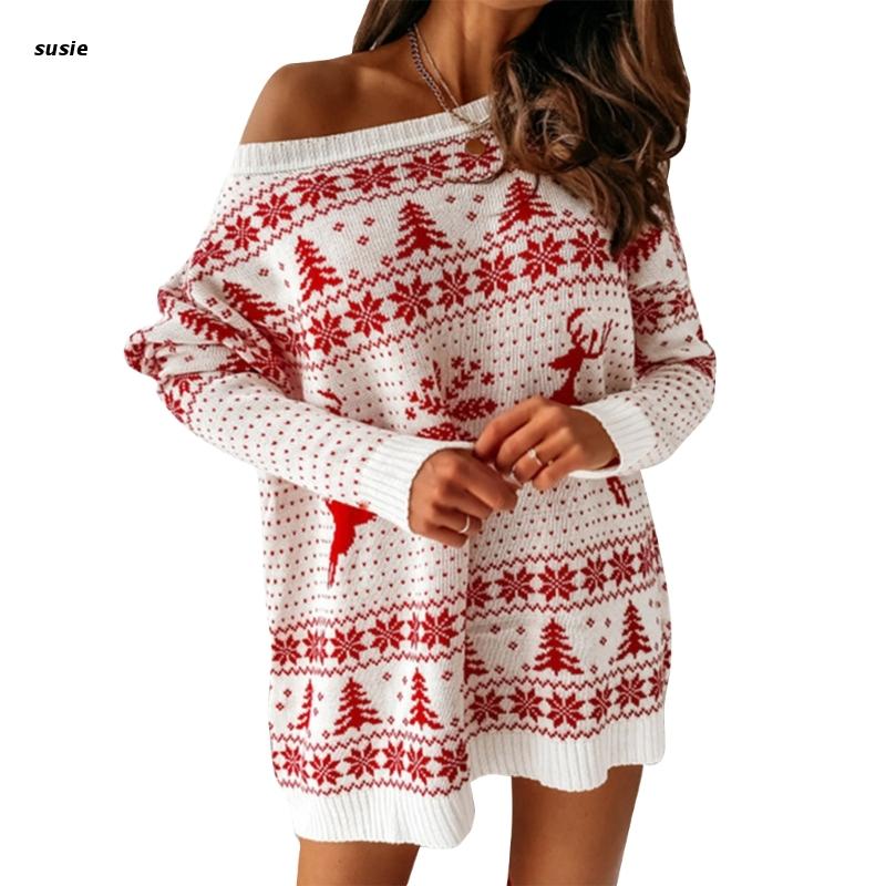 X7YA Women Christmas Snowflake Reindeer Jacquard Sweater Dress Knitted Pullover Top - Executive-Skincare