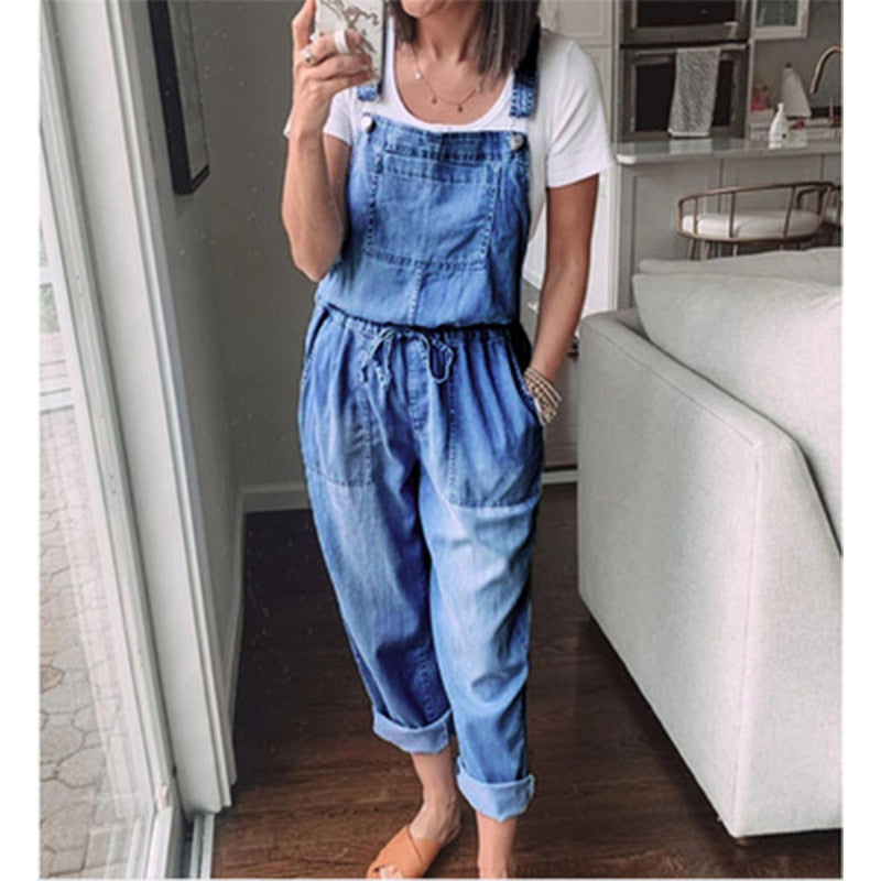 Spring Autumn Thin Loose Casual Womens Denim Jumpsuit Lace Up Elastic Waist Overalls Solid Color Wide Leg Trousers Bodysuit 6218 - Executive Quality Store