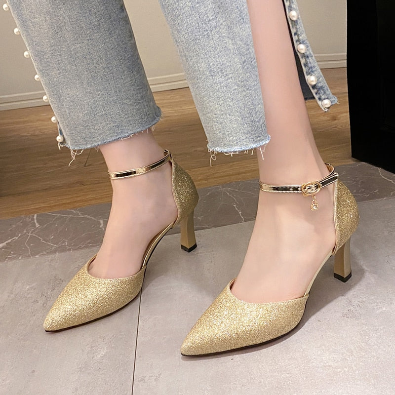 ZOKI Bling Gold Silver Women&#39;s Pumps 2022 Sexy Point Toe Thin Heel Party Wedding Shoes Woman Summer Ankle Strap High Heels Shoes - Executive-Skincare