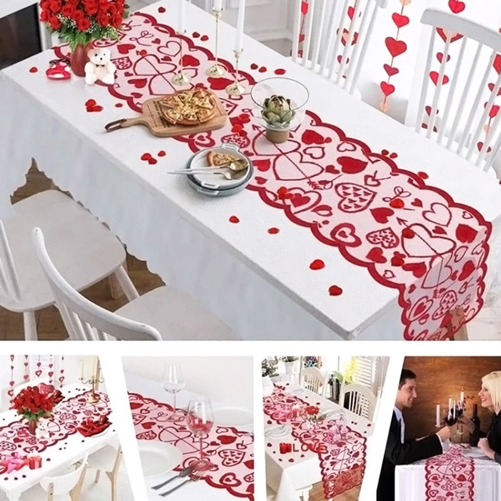 Valentine&#39;s Day Table Runner Placemats Love Heart Hollow Lace Table Runner for Wedding Valentines Party Decorations Supplies - Executive-Skincare