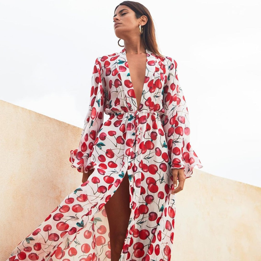 Leaves Print Bikini Beach Cover up Tunics for Beach Long Kaftan Bikini Cover up Robe de Plage Sarong Beach Swimsuit cover-ups - Executive-Skincare