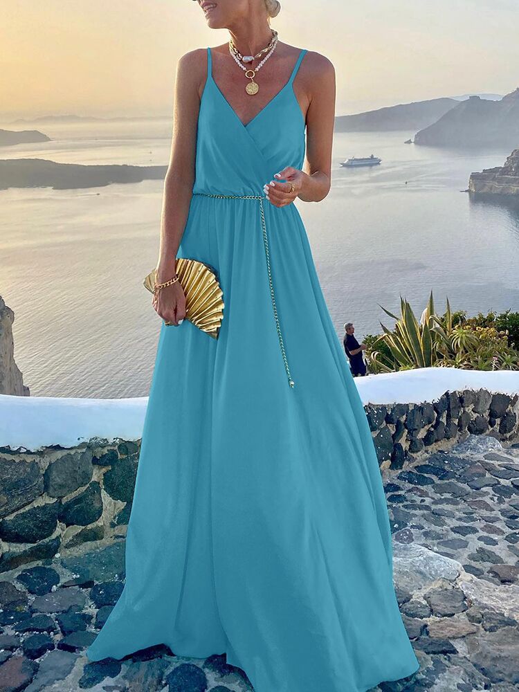 Fashion Retro Printed Sleeveless Sling Holiday Dress Women High Waist Elegant Maxi Dresses 2022 Summer V Neck Party Long Dress - Executive-Skincare