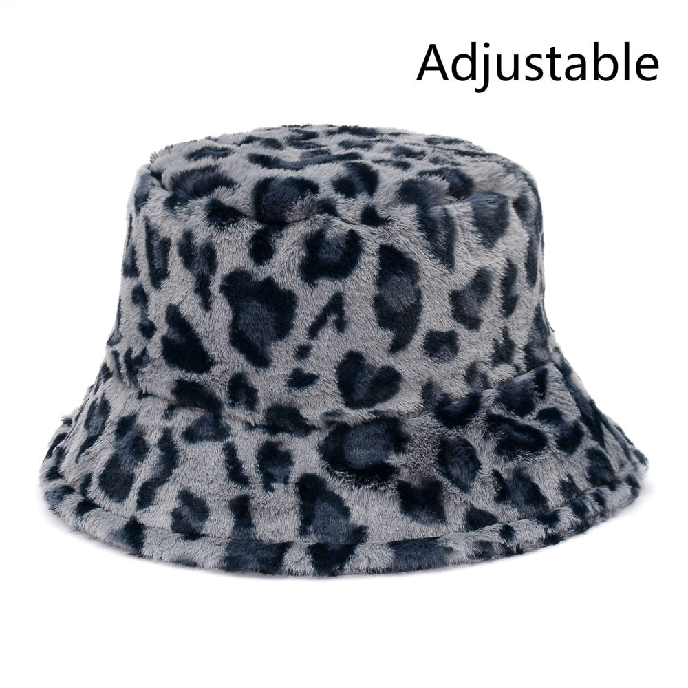 Winter Cow Leopard Faux Fur Fluffy Bucket Hats Women Outdoor Warm Sun Hat Soft Velvet Furry Fisherman Cap Girl Fashion Panama - Executive-Skincare