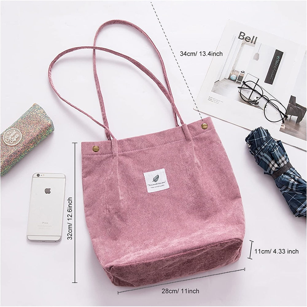 Women Corduroy Shoulder Bag Reusable Shopping Bags Casual Tote 2022 New Soft Female Handbag with Button Environmental Organizer - Executive-Skincare