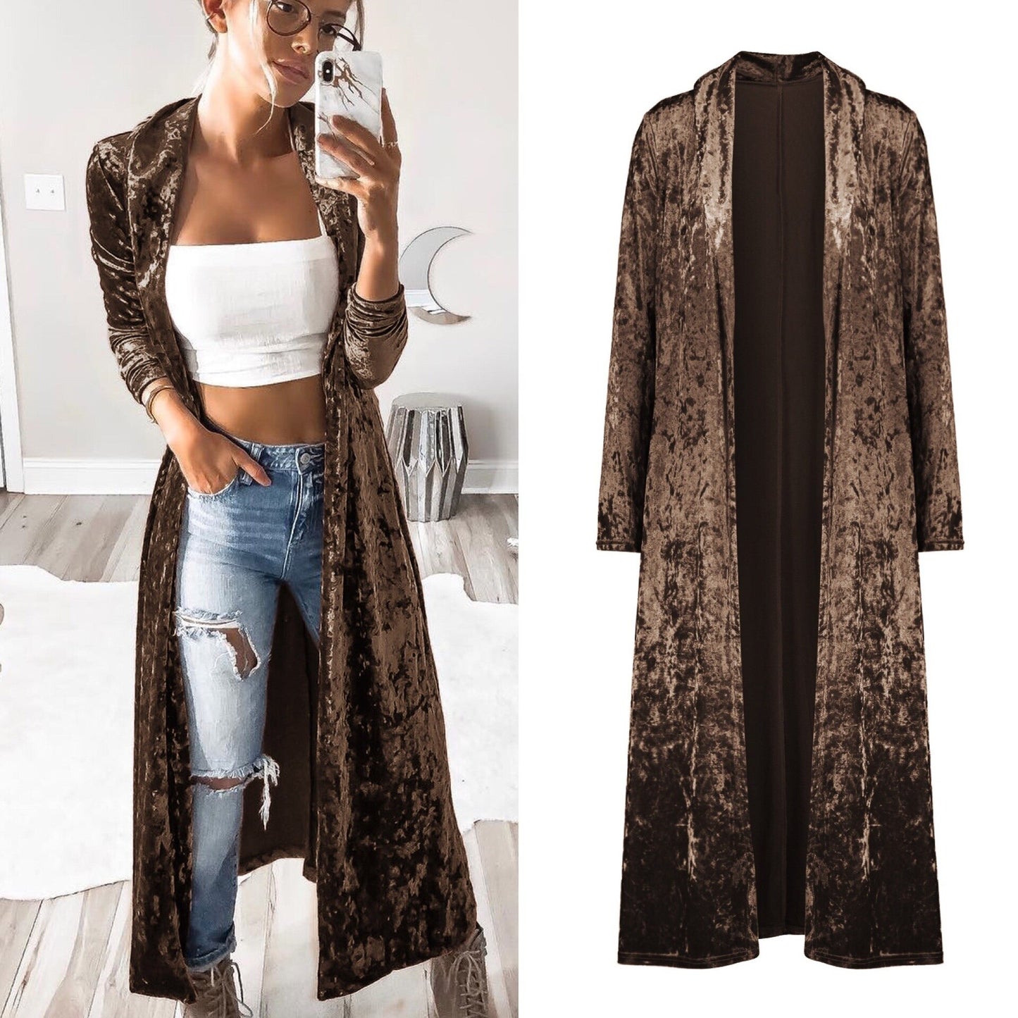 Long Velvet Kimono Cardigan Windbreaker Women Jacket Pure Color  Fashion Long Sleeve Casual Ladies Long Jacket 2021 - Executive-Skincare