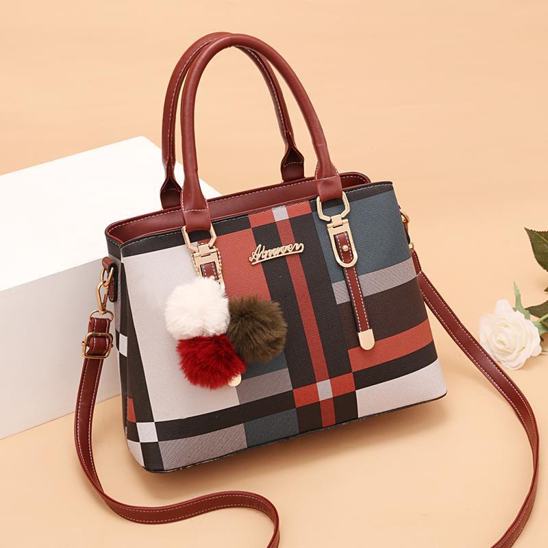 PU Leather Ladies HandBags and Purse Women Vintage Plaid Design Messenger Bags Tote Large Capacity Boston Shoulder Crossbody Bag - Executive-Skincare