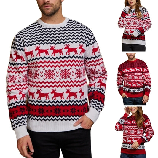 Women Men Christmas Sweater Reindeer Jacquard Knitwear Casual O-Neck Jumpers Top - Executive-Skincare