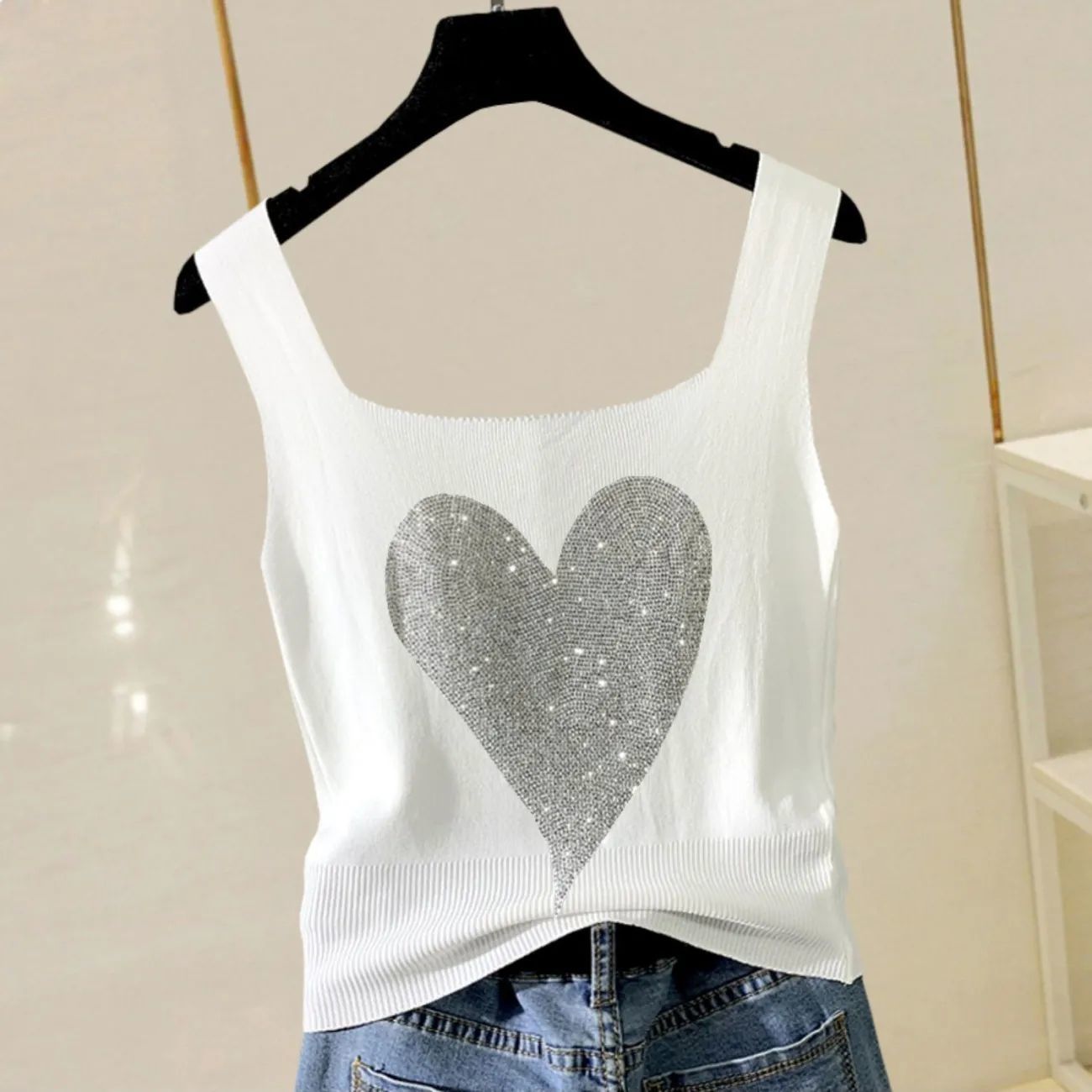 Small Women Summer Heavy Industry Hot Drill Vest Thin Ice Silk Knitted Bottomed Y2k Fashion Crop Tops Slim Mini Tank Tops - Executive-Skincare