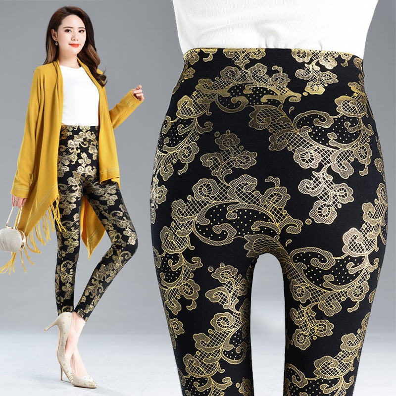 Autumn Winter Sequin Floral Women&#39;s Glitter Warm Velvet Leggings Pants High Waist Elastic Black Bottoms Pencil Trousers - Executive-Skincare