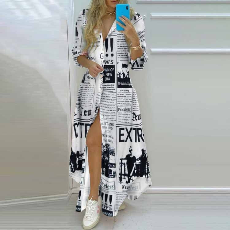 2022 New Long Shirt Dress Women Single Breasted Button Lapel Long Sleeve Dress Spring Summer Letter Print Oversized Robe Dresses - Executive-Skincare