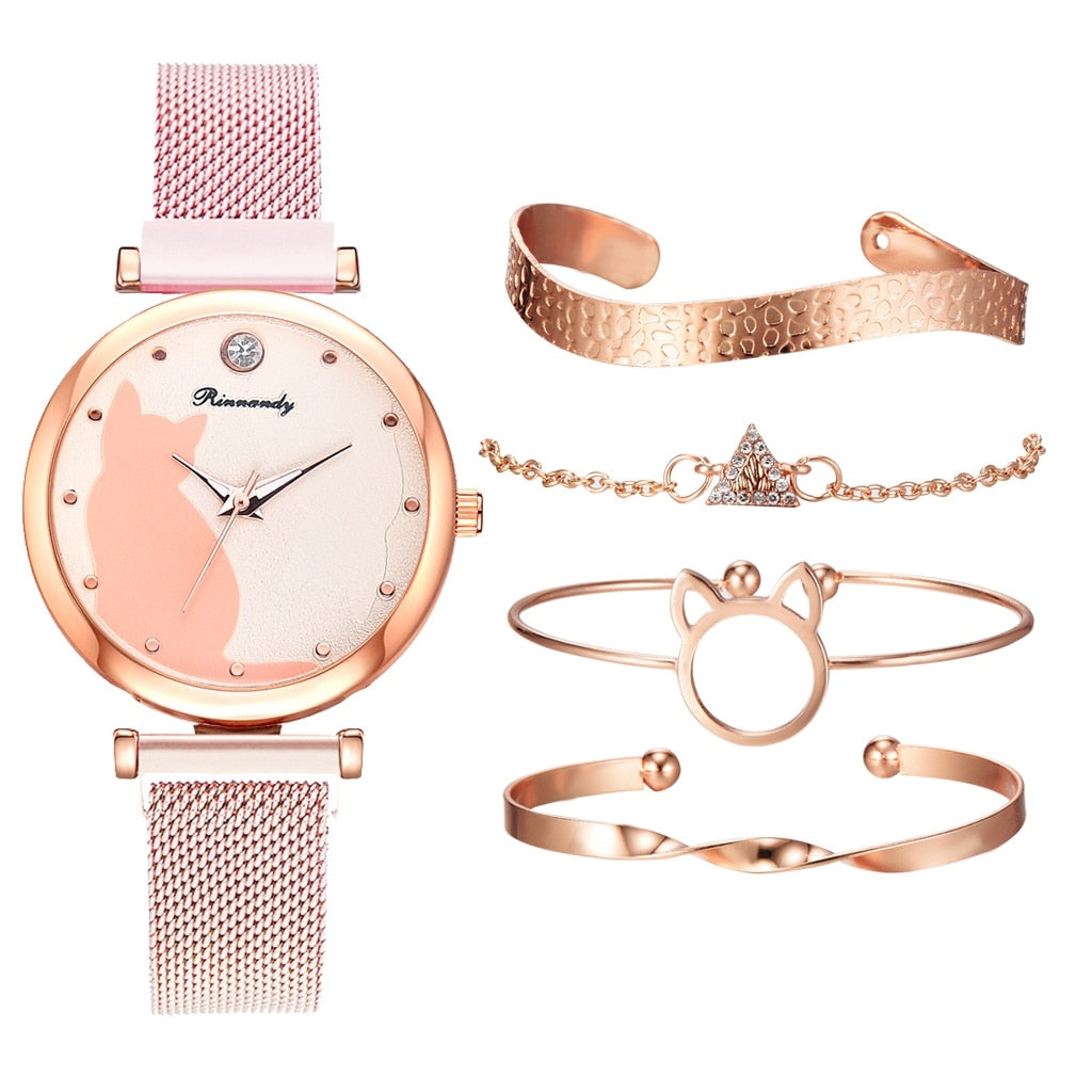 Fashion Watch Set Women 5pcs Quartz Wristwatch Mesh Bracelet Cat Dial Luxury Woman Watch Casual Ladies Clock Relogio Femenino - Executive-Skincare