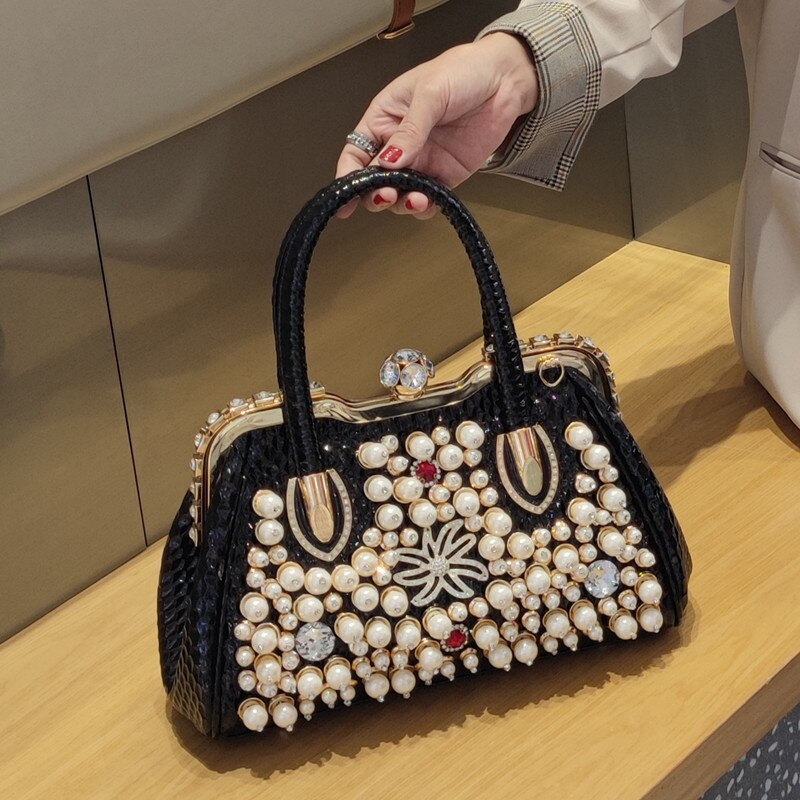 Luxury Fashion Brand Pearl Women&#39;s Handbag 2022 New Leather Diamond Shoudler Crossbody Evening Bag Portable Rhinestone Lock Bags - Executive-Skincare