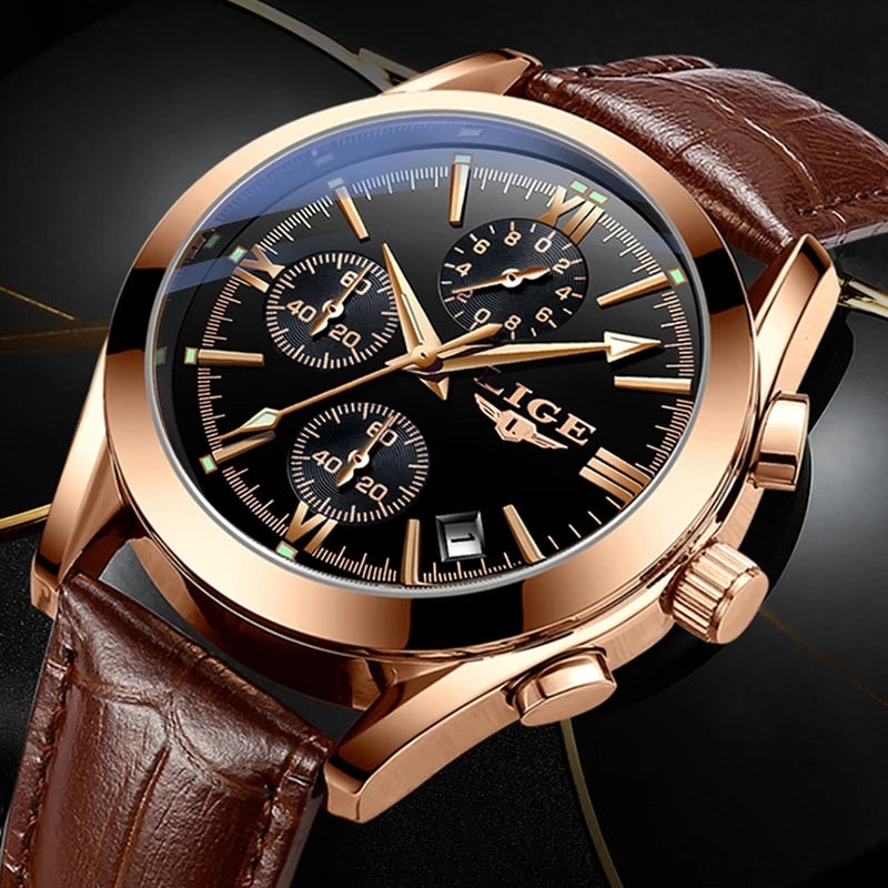 2022 LIGE New Fashion Mens Watches Top Brand Luxury Military Quartz Watch Premium Leather Waterproof Sport Chronograph Watch Men - Executive-Skincare