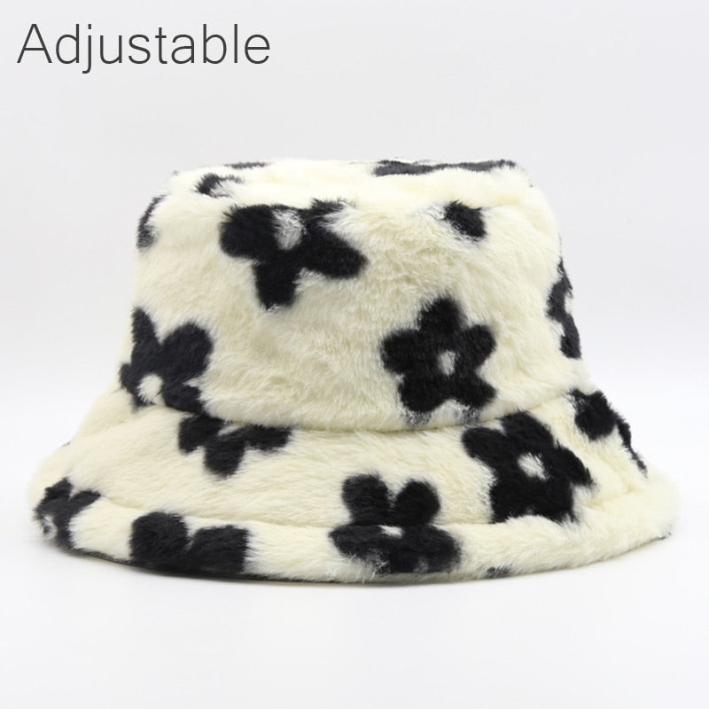 Winter Cow Leopard Faux Fur Fluffy Bucket Hats Women Outdoor Warm Sun Hat Soft Velvet Furry Fisherman Cap Girl Fashion Panama - Executive-Skincare