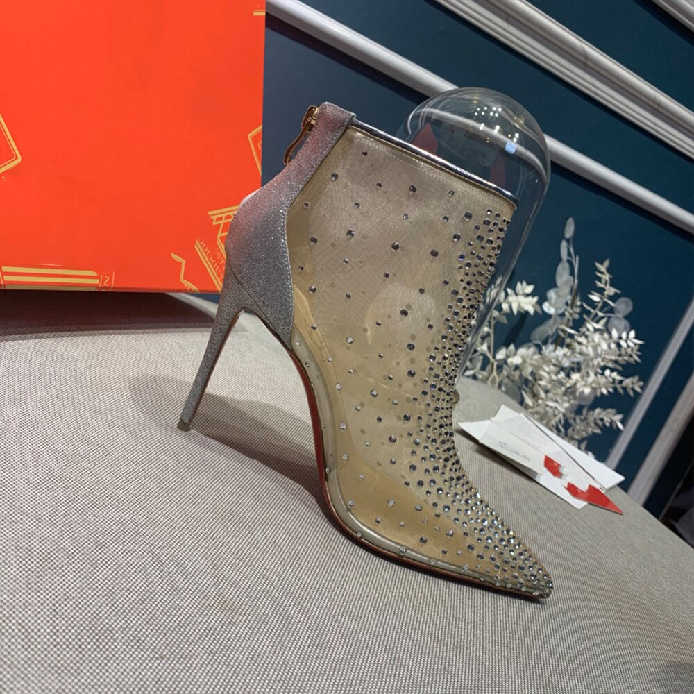 Boots For Women 2023 Designer Luxury Crystal Mesh Clear Red Sole Heels Ankle Boots 10CM Heel Height Party Night Sexy Women - Executive-Skincare