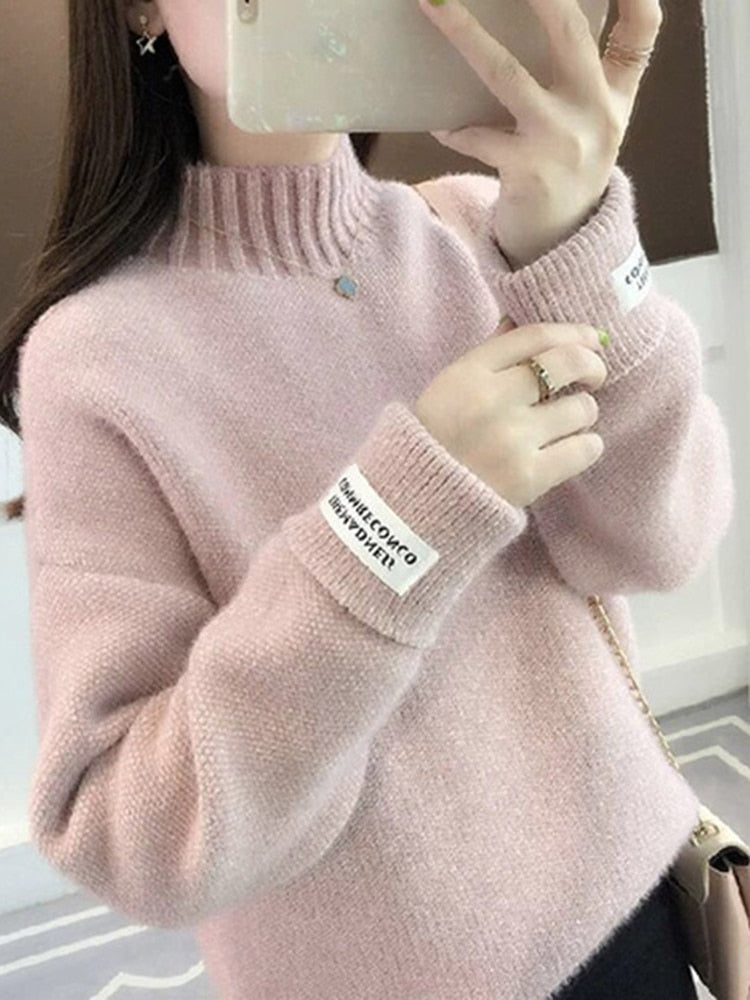 ZOKI Women Half Turtleneck Sweater Autumn Loose Wool Pullover Knitted Jumper Long Sleeve Letter Top Casual Warm Ladies Blouse - Executive-Skincare