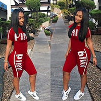 Fanco Casual Pink Letter Print Women Two Piece Set New Summer Rompers Sexy Striped T-Shirts And Skinny Pants 2pcs Outfits - Executive Quality Store