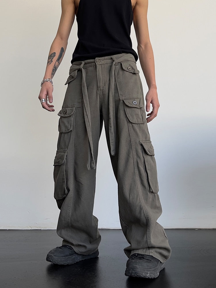 High street retro casual large pocket overalls men&#39;s and women&#39;s new summer high waist loose straight tube draped wide leg pants - Executive-Skincare