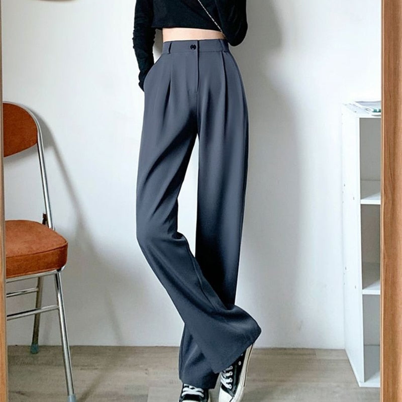 Lucyever Autumn Winter Women&#39;s Wide Leg Pants Loose High Waist Casual Trousers Woman Korean Style Solid Office Straight Pants - Executive Quality Store