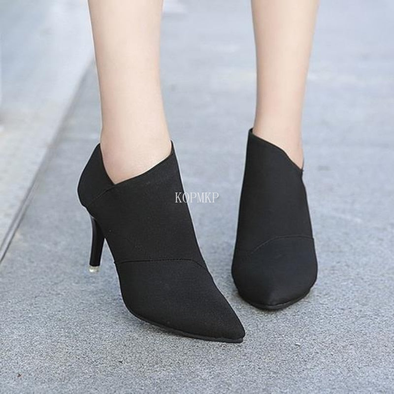 2023 Grey Fashion Women High Heel Booties Female High-Heeled Boots Young Ladies Booties 8.5cm Heel Cloth Boots Large Size 34-41 - Executive-Skincare