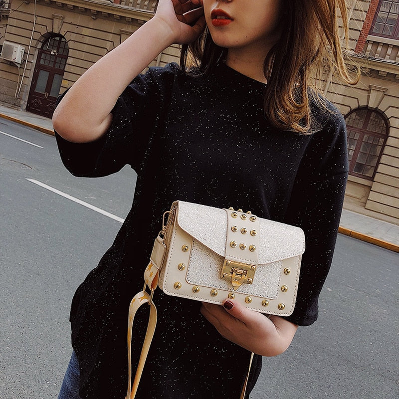 Fashion Crossbody Bags for Women Rivet Patent Leather Wide Shoulder Bag Woman Trend Sequin Multi-layer Small Square Female Bag - Executive-Skincare