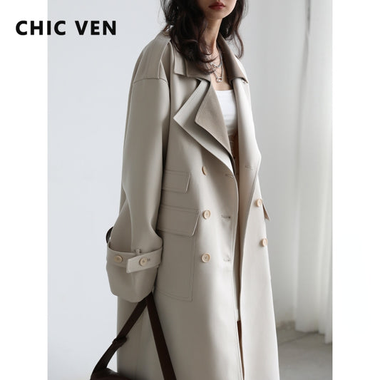 CHIC VEN Women Trench Solid Loose Contrast Double Collar Double Breasted Long Women&#39;s Windbreaker Coat Office Lady Spring 2022 - Executive-Skincare