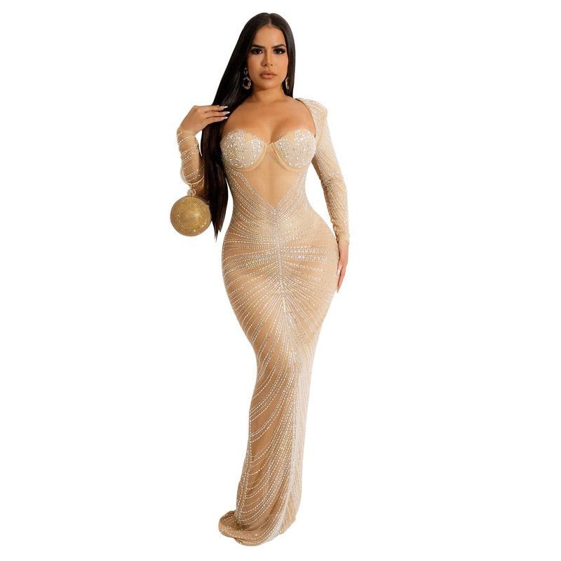 Diamonds Sheer Mesh Maxi Party Dress Women Strapless Backless Long Sleeve Bodycon Long Clubwear Robe Female Birthday Gifts - Executive-Skincare