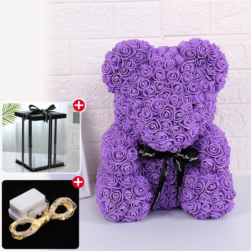 Rose Bear Artificial Flower With Box and Light Rose Teddy Bear Wedding Decor Christmas Women Valentines Girlfriend Birthday Gift - Executive-Skincare