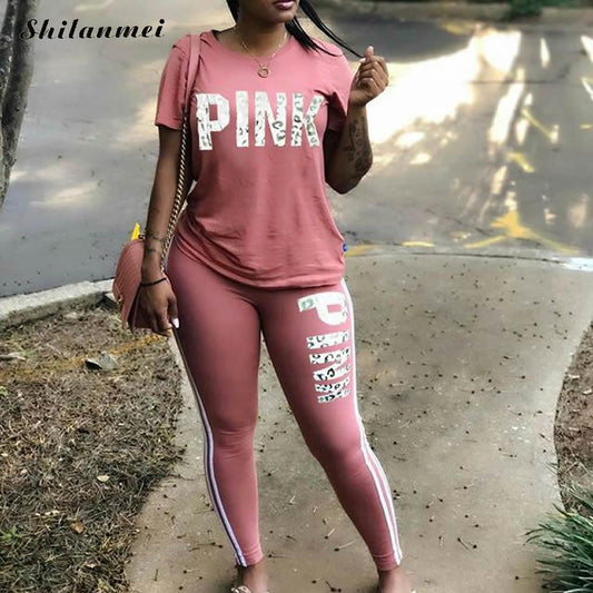 2022 New Tracksuit For Women Pink Letter Print Two Piece Sets Casual 2 PCS Outfits Short Sleeve T Shirt Pants Suits Matching Set - Executive Quality Store