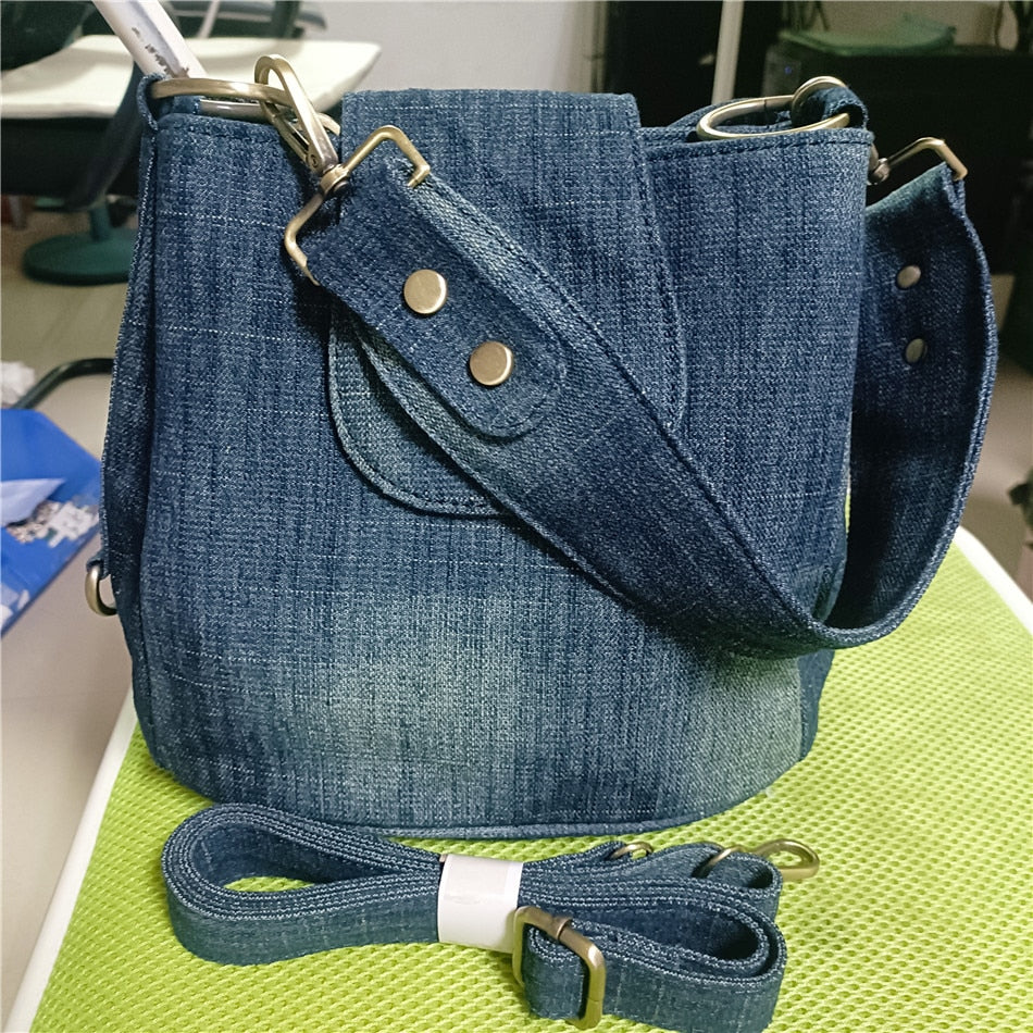 Casual Denim Bucket bag for women Shoulder Crossbody Bag Multiple pockets  ladies handbag Luxury design Female big Totes blue - Executive-Skincare