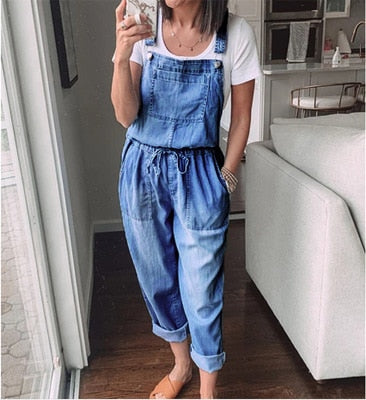 Spring Autumn Thin Loose Casual Womens Denim Jumpsuit Lace Up Elastic Waist Overalls Solid Color Wide Leg Trousers Bodysuit 6218 - Executive Quality Store