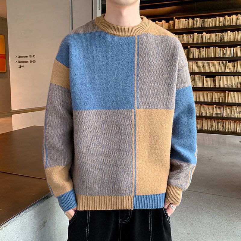 Autumn Winter New Fashion Temperament Patchwork Korean Sweaters Man Casual Loose Y2K Chic Male Tops Knitting Pullover Streetwear - Executive-Skincare