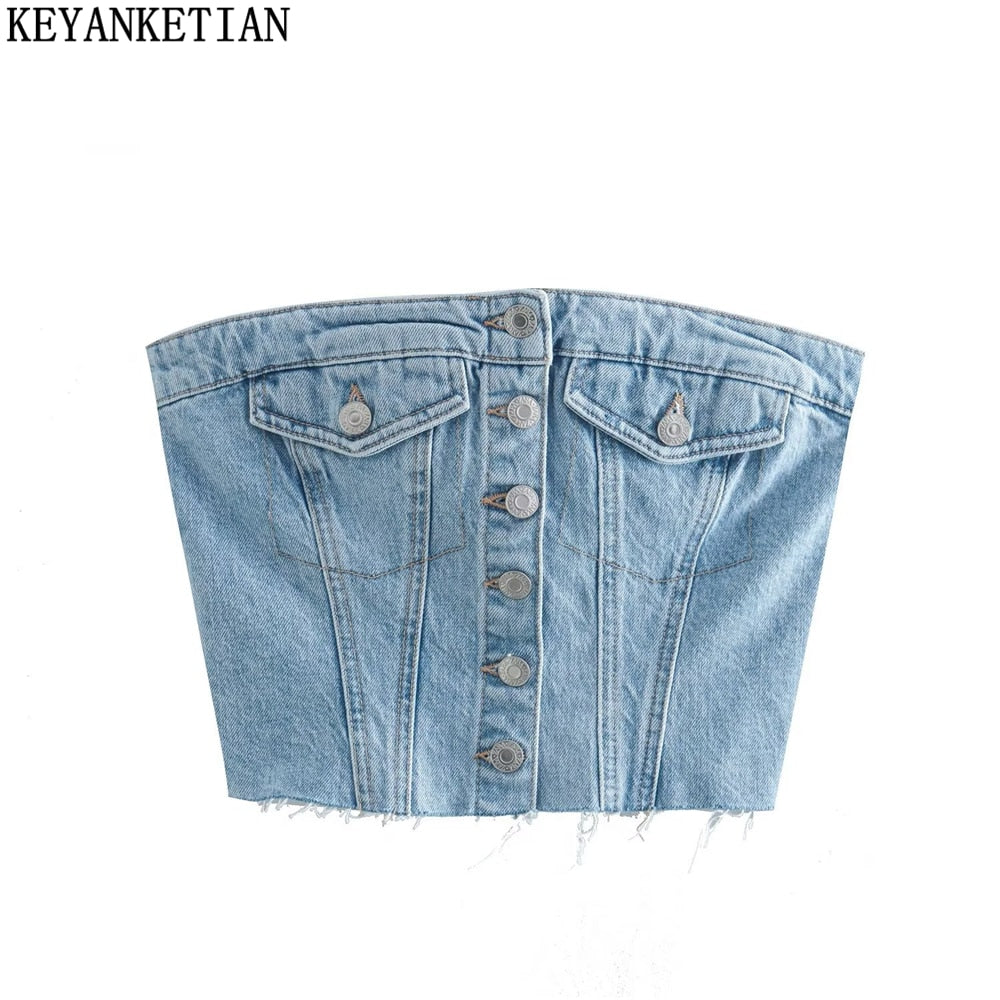 KEYANKETIAN Women Sexy Strapless Single Breasted Denim Tube Corset Summer Ladies Back Pleats High Waist Wrap Chest Crop Vest Top - Executive Quality Store