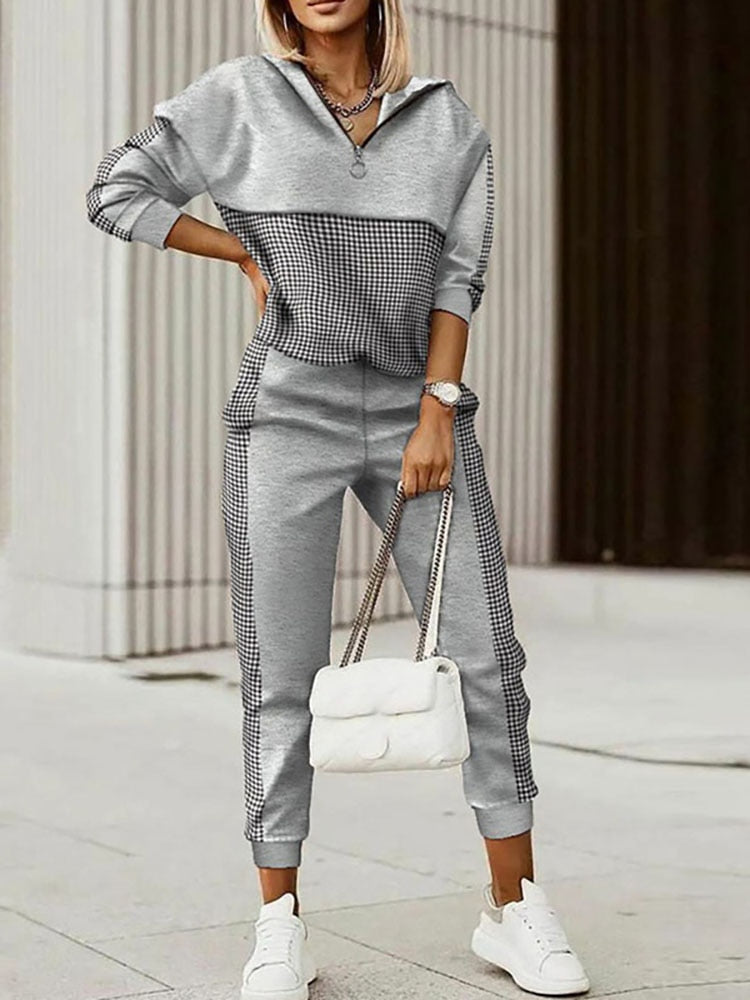 Hooded Long Sleeve Spring Autumn Pants Suit Women Print Tops Loose Pants Two Piece Set Vintage Patchwork Pockets Office Lady Set - Executive-Skincare