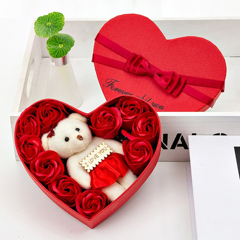 Teddy Bear Rose Artificielle Flower Decoration Soap Artificial Rose Flowers Valentines Day Gift Box Heart San Valentin Rose Bear - Executive-Skincare