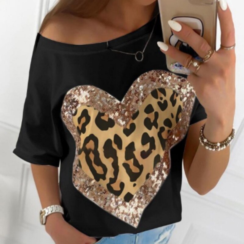 Sequined Heart Printed T-shirts Women Casual Bling Loose Short Sleeve Tee Top Chic  Flash Neck Summer Blusa Streetwear G1765 - Executive-Skincare