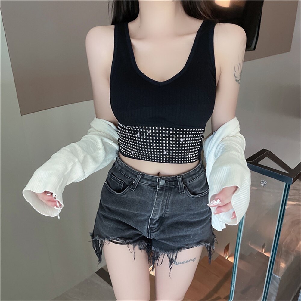 Summer Crop Top Women With Rhinestones O-neck Sleevelss Cropped Feminino Camisole Vest Sexy Knit Backness No Rims Tee Top Corset - Executive-Skincare