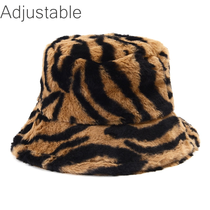 Winter Cow Leopard Faux Fur Fluffy Bucket Hats Women Outdoor Warm Sun Hat Soft Velvet Furry Fisherman Cap Girl Fashion Panama - Executive-Skincare