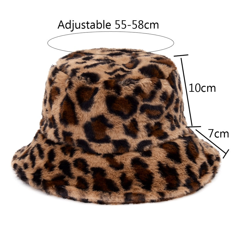 Winter Cow Leopard Faux Fur Fluffy Bucket Hats Women Outdoor Warm Sun Hat Soft Velvet Furry Fisherman Cap Girl Fashion Panama - Executive-Skincare