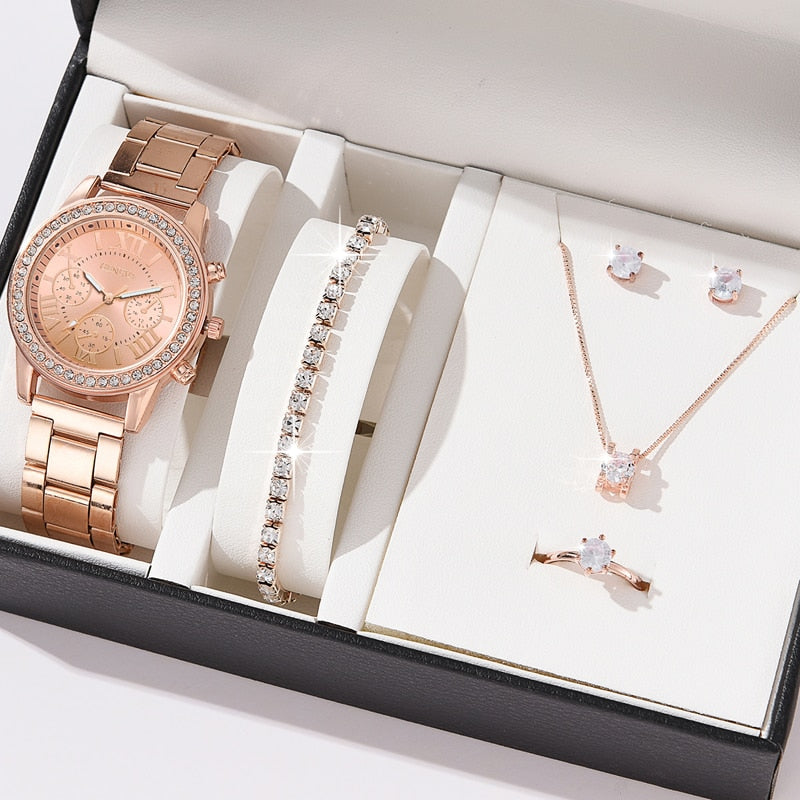 6PCS Set Luxury Watch Women Ring Necklace Earrings Rhinestone Fashion Wristwatch Female Casual Ladies Watches Bracelet Set Clock - Executive-Skincare