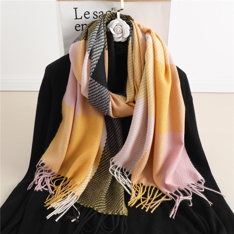 Luxury Plaid Scarf Winter Warm Cashmere Women Long Pashmina Foulard Female Scarves Lady Tassel Shawl Wraps 2022 Design New - Executive-Skincare