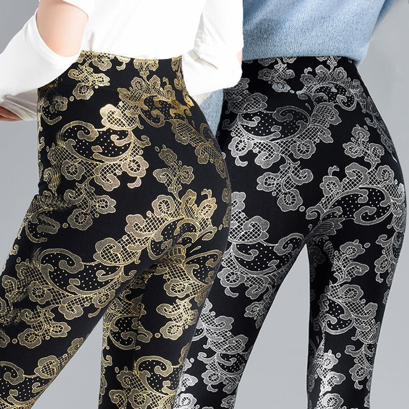 Autumn Winter Sequin Floral Women&#39;s Glitter Warm Velvet Leggings Pants High Waist Elastic Black Bottoms Pencil Trousers - Executive-Skincare