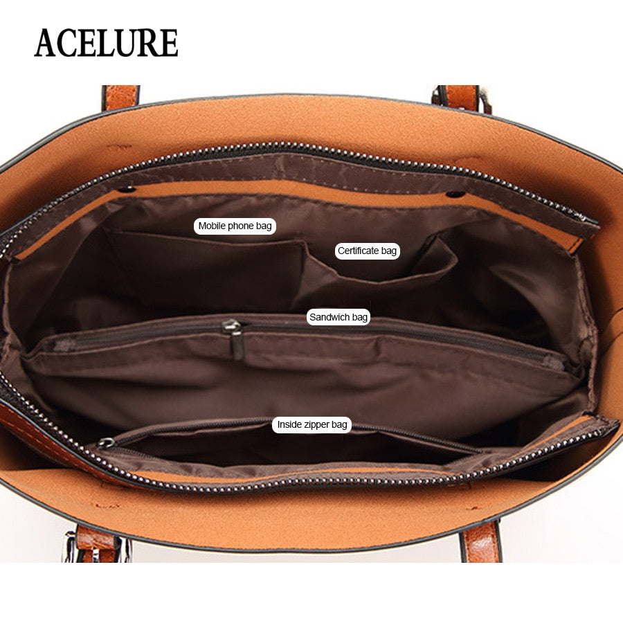 ACELURE Women bag Oil wax Women&#39;s Leather Handbags Luxury Lady Hand Bags With Purse Pocket Women messenger bag Big Tote Sac Bols - Executive-Skincare