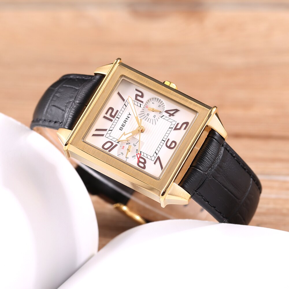 Citizen Mov‘t Quartz Watch for Men Golden Tank Square Wristwatch Vintage Day Date Leather Waterproof Top Brand Luxury Watch Male - Executive-Skincare