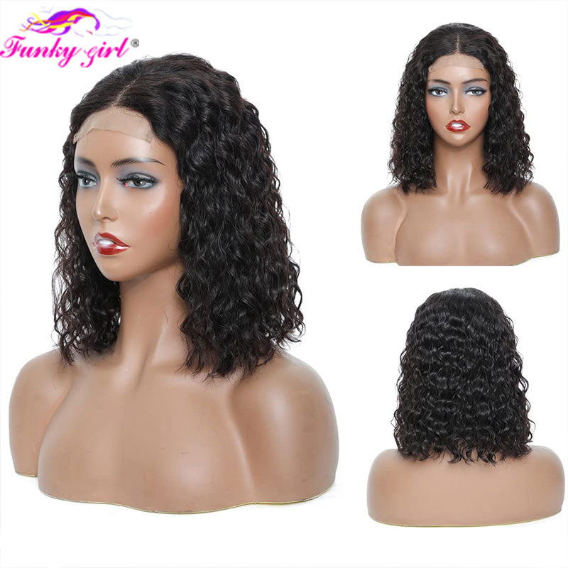 Short Curly Bob Wig Water Wave Human Hair Wigs Remy Brazilian 13x1 4x1 Bob T Part Lace Wig For Women Natural Black 180% Density - Executive-Skincare