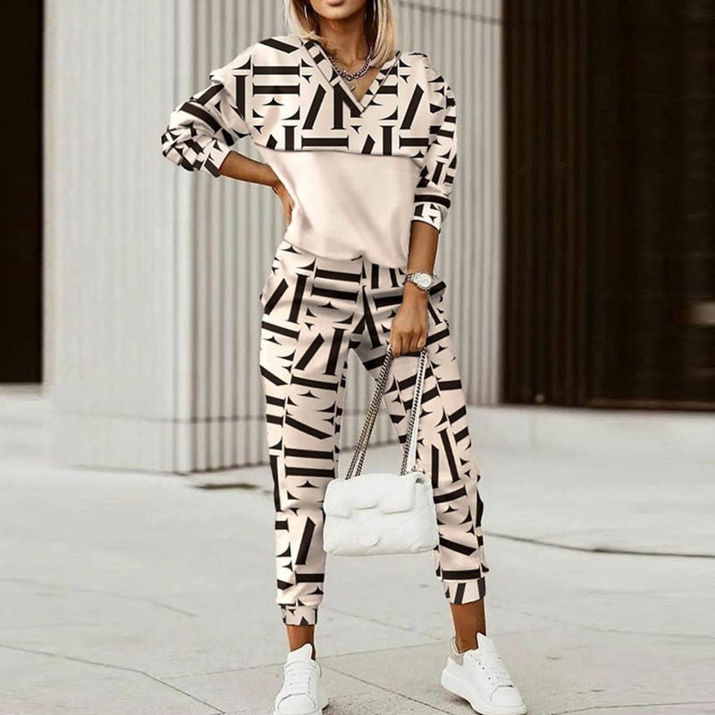 Hooded Long Sleeve Spring Autumn Pants Suit Women Print Tops Loose Pants Two Piece Set Vintage Patchwork Pockets Office Lady Set - Executive-Skincare