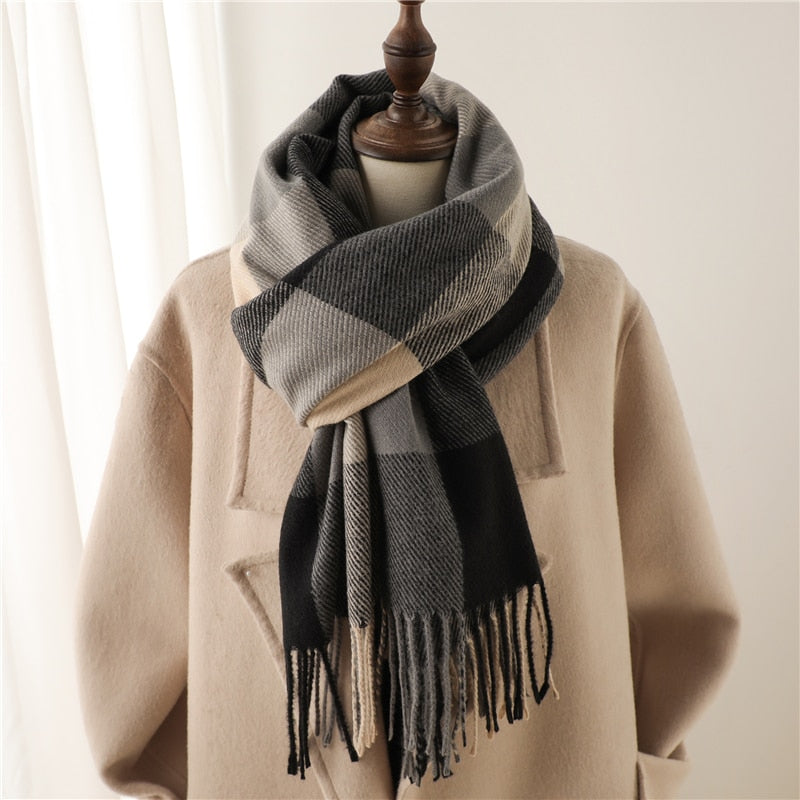 Luxury Plaid Scarf Winter Warm Cashmere Women Long Pashmina Foulard Female Scarves Lady Tassel Shawl Wraps 2022 Design New - Executive-Skincare