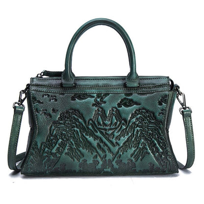 Genuine Leather Women Messenger Shoulder Bag Chinese Style Cowhide Embossed Top Handle Cross Body Tote Handbag Bags - Executive-Skincare