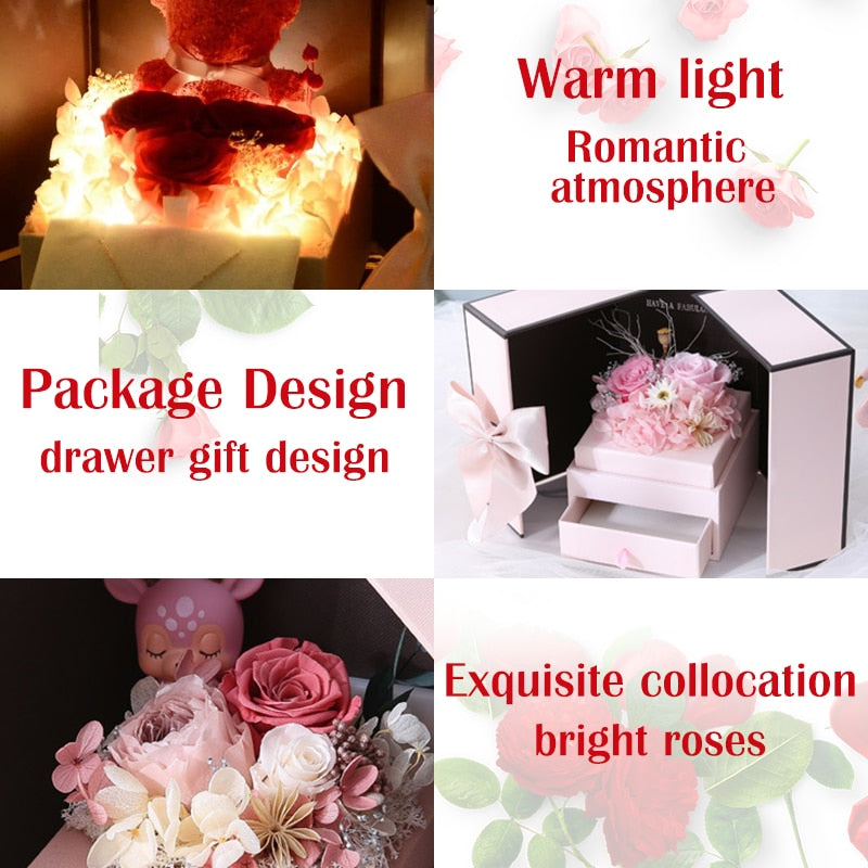 Luminous Preserved Flower Box Light Up Rose Bear Gift Box Artificial Flower Valentines Day Birthday Anniversary Girlfriend Gift - Executive-Skincare