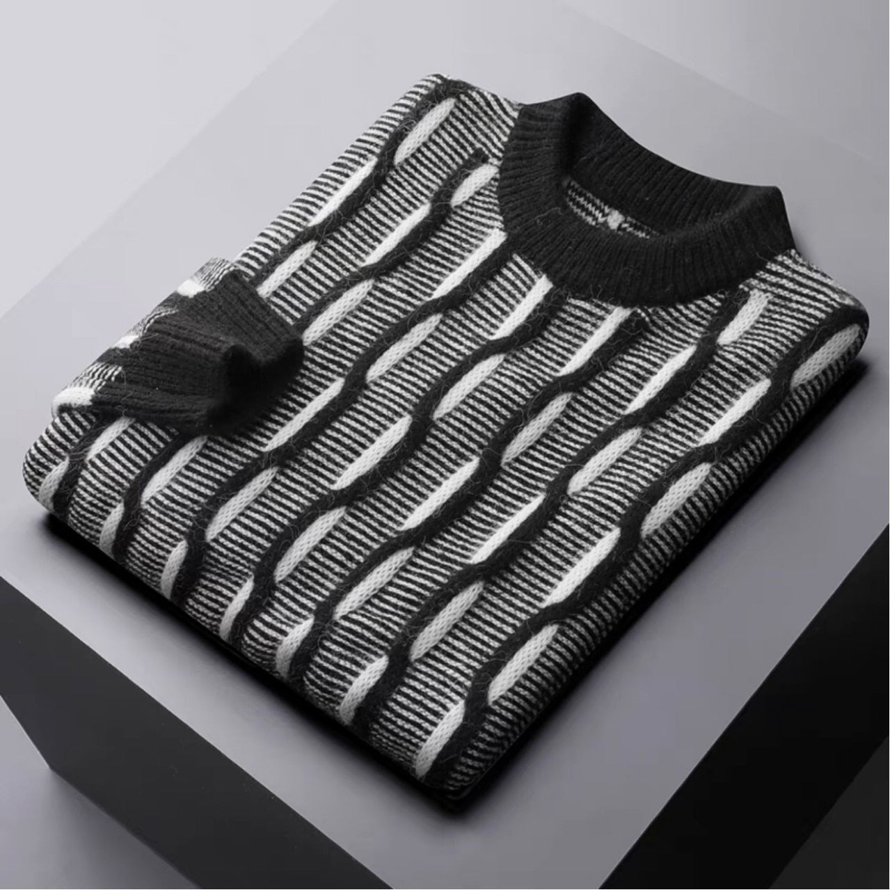 2022 New Personality Trend Color Contrast Thickened Sweater Men&#39;s Round Neck Jacquard Thick Needle Warm Winter Pullover Sweater - Executive-Skincare